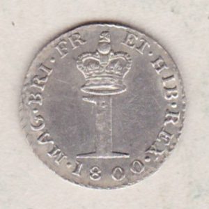 1800 Silver Maundy Penny coin featuring King George III on the obverse. A central crowned denomination above the date on the reverse.