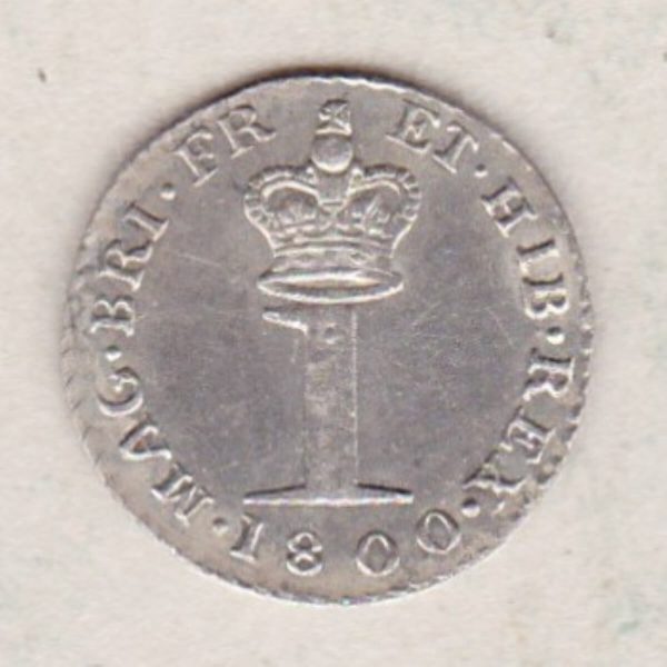 1800 Silver Maundy Penny coin featuring King George III on the obverse. A central crowned denomination above the date on the reverse.