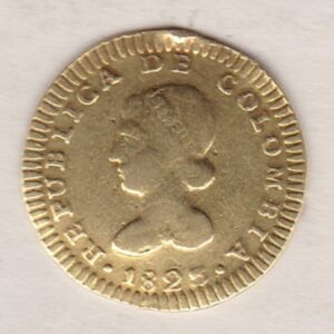 1825 Colombia Gold Escudo Coin. This coin has the JF - Bogota mint mark. The One Escudos coin was struck in 0.875 Gold and weighs approx. 3.2 grams.