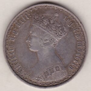 1855 Silver Gothic Florin Coin. The Obverse features a crowned bust of Queen Victoria. The Reverse features a shield with denomination.