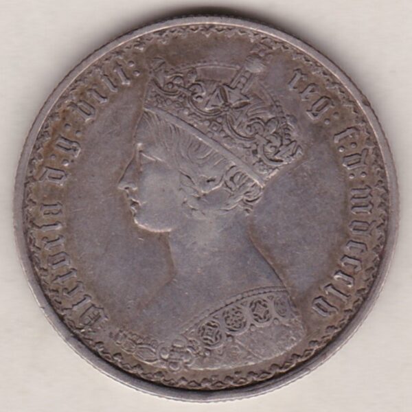 1855 Silver Gothic Florin Coin. The Obverse features a crowned bust of Queen Victoria. The Reverse features a shield with denomination.