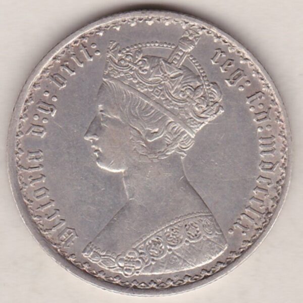 1859 Silver Gothic Florin Coin. The Obverse features a crowned bust of Queen Victoria. The Reverse features a shield with denomination.