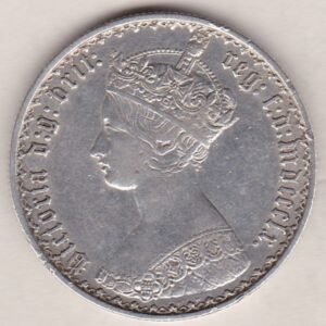 1860 Silver Gothic Florin Coin. The Obverse features a crowned bust of Queen Victoria. The Reverse features a shield with denomination.