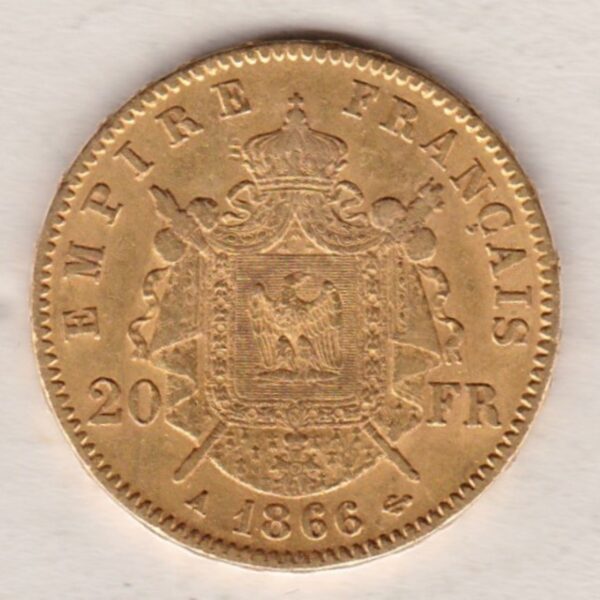 1866 A France Gold Twenty Francs coins featuring Napoleon III on the Obverse. The imperial symbols, date and mint mark on the Reverse.
