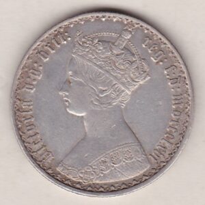 1866 Silver Gothic Florin Coin. The Obverse features a crowned bust of Queen Victoria. The Reverse features a shield with denomination.