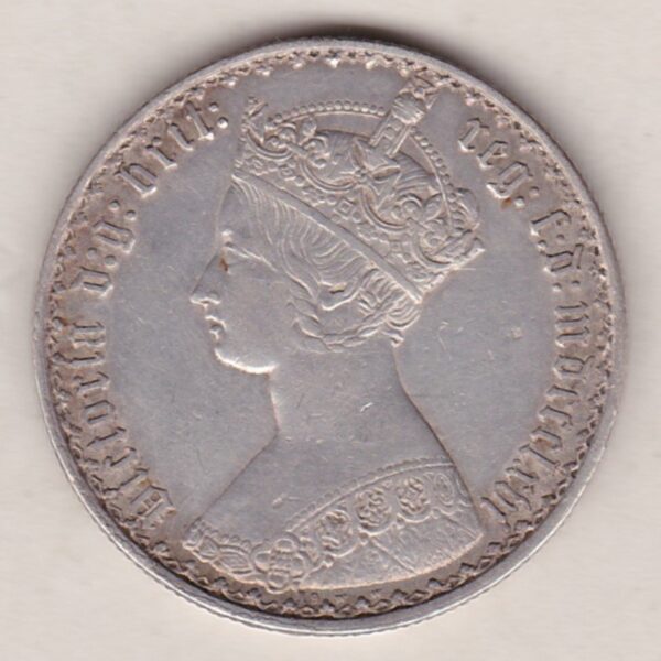 1866 Silver Gothic Florin Coin. The Obverse features a crowned bust of Queen Victoria. The Reverse features a shield with denomination.