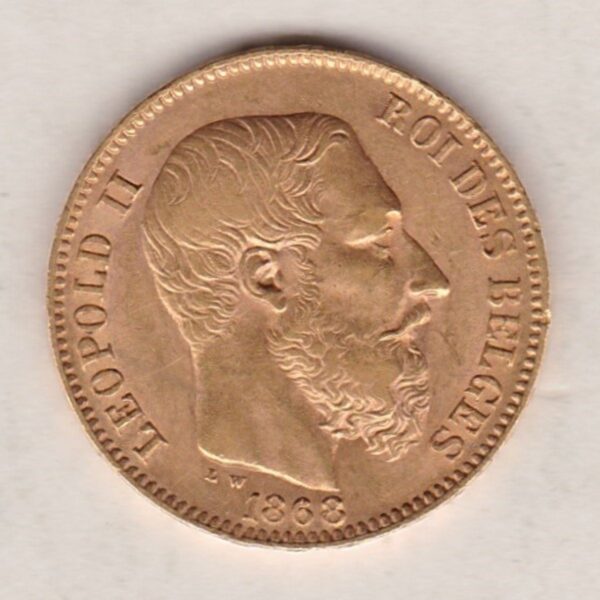 1868 Belgium France Gold Twenty Francs coin. featuring King Leopold II on the obverse. The coat of arms of Belgium on the reverse.