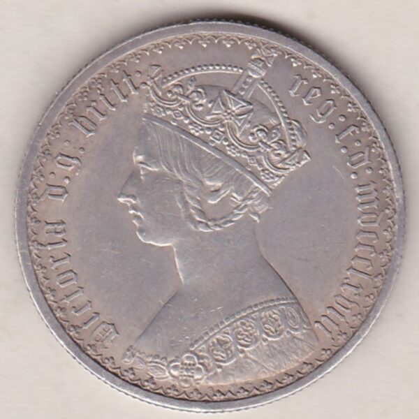 1868 Silver Gothic Florin Coin. The Obverse features a crowned bust of Queen Victoria. The Reverse features a shield with denomination.