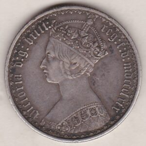 1869 Silver Gothic Florin Coin. The Obverse features a crowned bust of Queen Victoria. The Reverse features a shield with denomination.