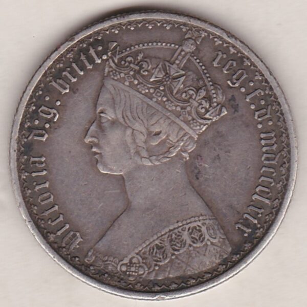 1869 Silver Gothic Florin Coin. The Obverse features a crowned bust of Queen Victoria. The Reverse features a shield with denomination.