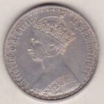 1870 Silver Gothic Florin Coin. The Obverse features a crowned bust of Queen Victoria. The Reverse features a shield with denomination.