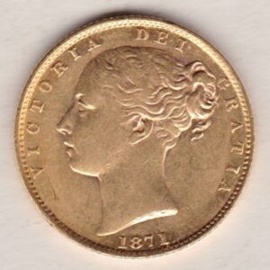 1871 Gold Sovereign Coin - Shield Back. Die number 22. Young head queen Victoria on the Obverse and the collectable shield design on the Reverse.