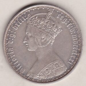 1871 Silver Gothic Florin Coin. The Obverse features a crowned bust of Queen Victoria. The Reverse features a shield with denomination.