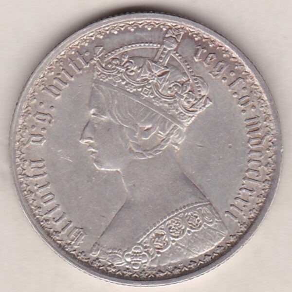 1872 Silver Gothic Florin Coin. The Obverse features a crowned bust of Queen Victoria. The Reverse features a shield with denomination.