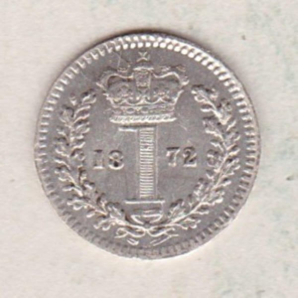 1872 Silver Maundy Penny coin featuring Queen Victoria on the obverse. A central crowned denomination above the date on the reverse.
