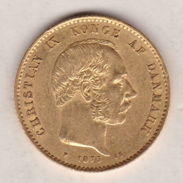 1873 Denmark Gold Twenty Kroner Coin. King Christian IX on the obverse. The reverse features the seated Mother Denmark with shield.