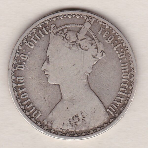 1873 Silver Gothic Florin Coin. The Obverse features a crowned bust of Queen Victoria. The Reverse features a shield with denomination.