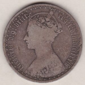 1874 Silver Gothic Florin Coin. The Obverse features a crowned bust of Queen Victoria. The Reverse features a shield with denomination.