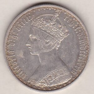 1874 Silver Gothic Florin Coin. The Obverse features a crowned bust of Queen Victoria. The Reverse features a shield with denomination.