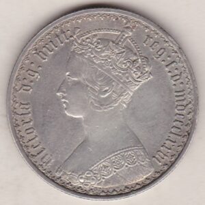 1876 Silver Gothic Florin Coin. The Obverse features a crowned bust of Queen Victoria. The Reverse features a shield with denomination.