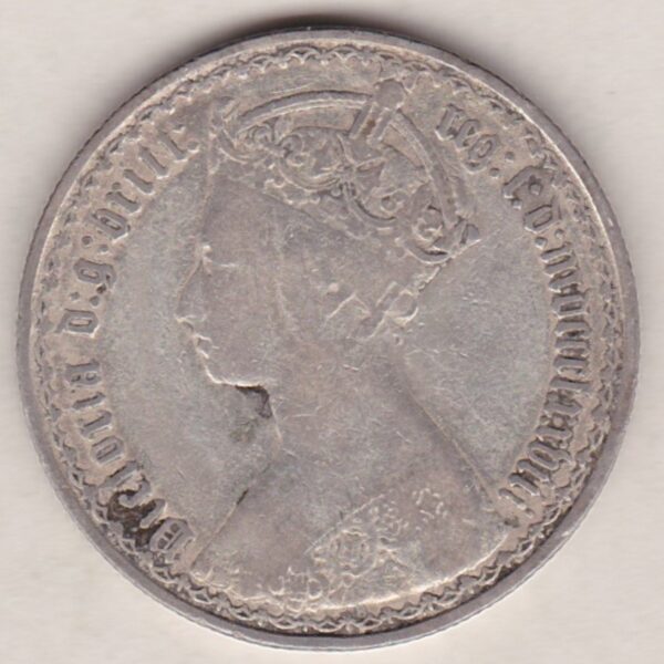 1878 Silver Gothic Florin Coin. The Obverse features a crowned bust of Queen Victoria. The Reverse features a shield with denomination.