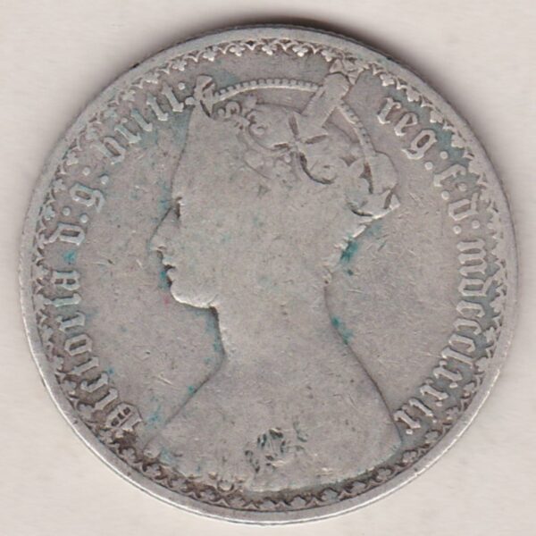 1879 Silver Gothic Florin Coin. The Obverse features a crowned bust of Queen Victoria. The Reverse features a shield with denomination.