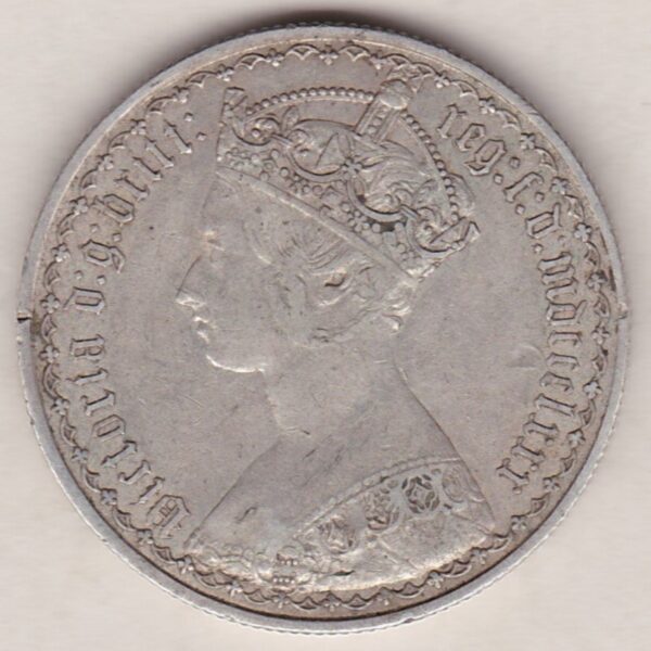 1880 Silver Gothic Florin Coin. The Obverse features a crowned bust of Queen Victoria. The Reverse features a shield with denomination.