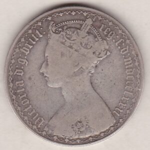 1881 Silver Gothic Florin Coin. The Obverse features a crowned bust of Queen Victoria. The Reverse features a shield with denomination.