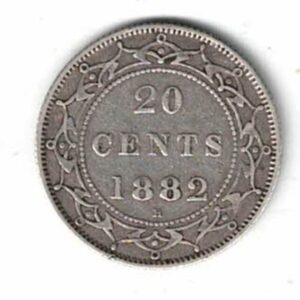 1882H Newfoundland Canada Silver 20 Cent Coin. The obverse features Queen Victoria. The reverse features the value and date within a wreath.