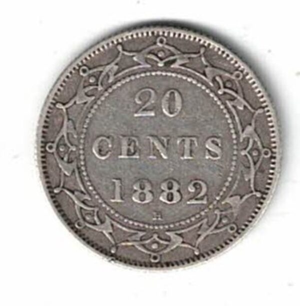 1882H Newfoundland Canada Silver 20 Cent Coin. The obverse features Queen Victoria. The reverse features the value and date within a wreath.