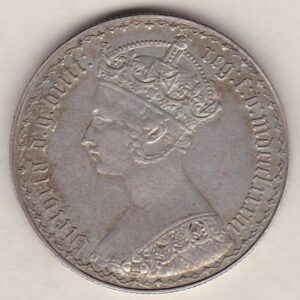 1883 Silver Gothic Florin Coin. The Obverse features a crowned bust of Queen Victoria. The Reverse features a shield with denomination.