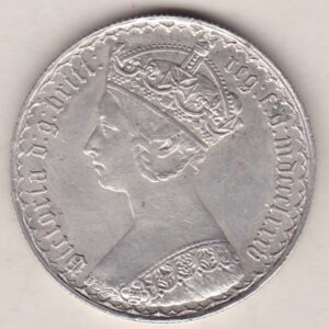 1885 Silver Gothic Florin Coin. The Obverse features a crowned bust of Queen Victoria. The Reverse features a shield with denomination.