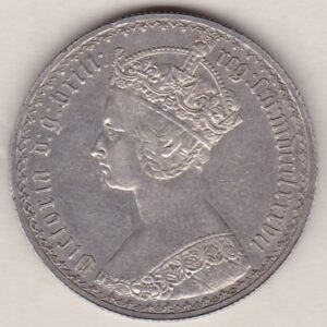 1887 Silver Gothic Florin Coin. The Obverse features a crowned bust of Queen Victoria. The Reverse features a shield with denomination.