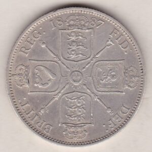 1887 Silver Florin coin. The portrait of Queen Victoria on the Obverse. With crowned cruciform shields of England, Scotland and Ireland on the reverse.