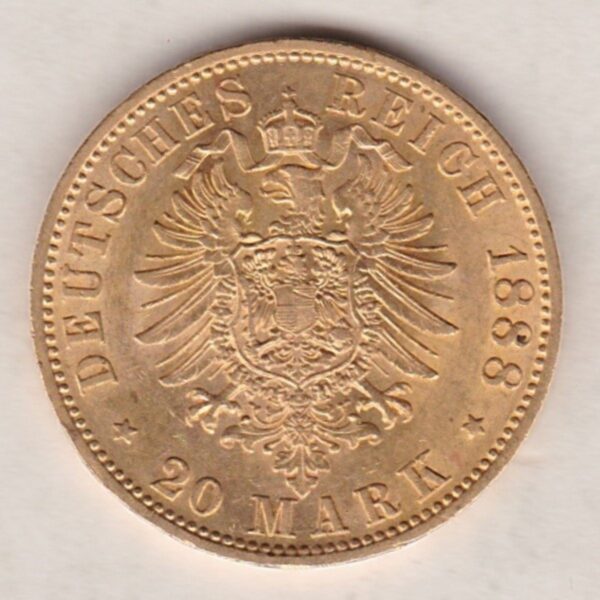 1888 A Frederick III Germany Gold Twenty Mark coin featuring the bust of Frederick III on the obverse. The crowned imperial eagle on the reverse.