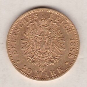 1888 A Germany Gold Twenty Mark coin featuring the bust of Wilhelm I on the obverse. The crowned imperial eagle on the reverse.