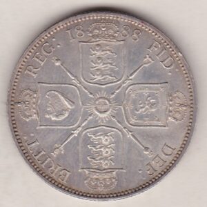 1888 Silver Florin coin. The portrait of Queen Victoria on the Obverse. With crowned cruciform shields of England, Scotland and Ireland on the reverse.