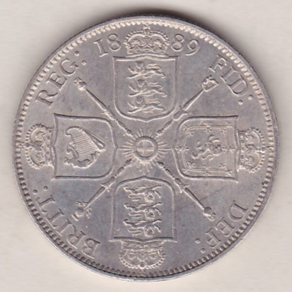 1889 Silver Florin coin. The portrait of Queen Victoria on the Obverse. With crowned cruciform shields of England, Scotland and Ireland on the reverse.