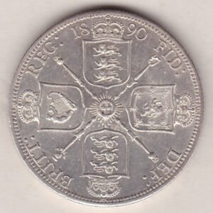 1890 Silver Florin coin. The portrait of Queen Victoria on the Obverse. With crowned cruciform shields of England, Scotland and Ireland on the reverse.