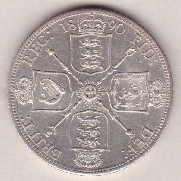 1890 Silver Florin coin. The portrait of Queen Victoria on the Obverse. With crowned cruciform shields of England, Scotland and Ireland on the reverse.