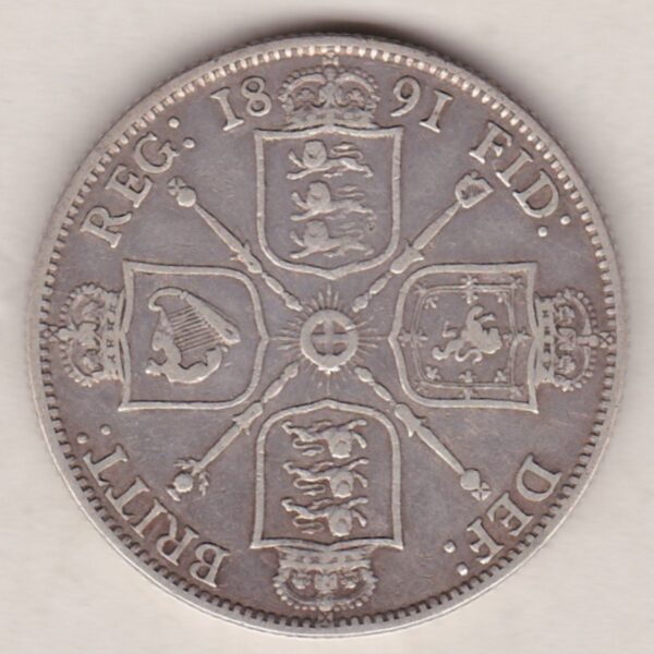 1891 Silver Florin coin. The portrait of Queen Victoria on the Obverse. With crowned cruciform shields of England, Scotland and Ireland on the reverse.