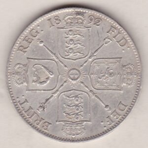 1892 Silver Florin coin. The portrait of Queen Victoria on the Obverse. With crowned cruciform shields of England, Scotland and Ireland on the reverse.