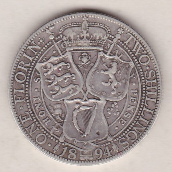 1894 Silver Florin coin. The portrait of Queen Victoria on the Obverse. With a crown above shields of England, Scotland and Ireland on the reverse.