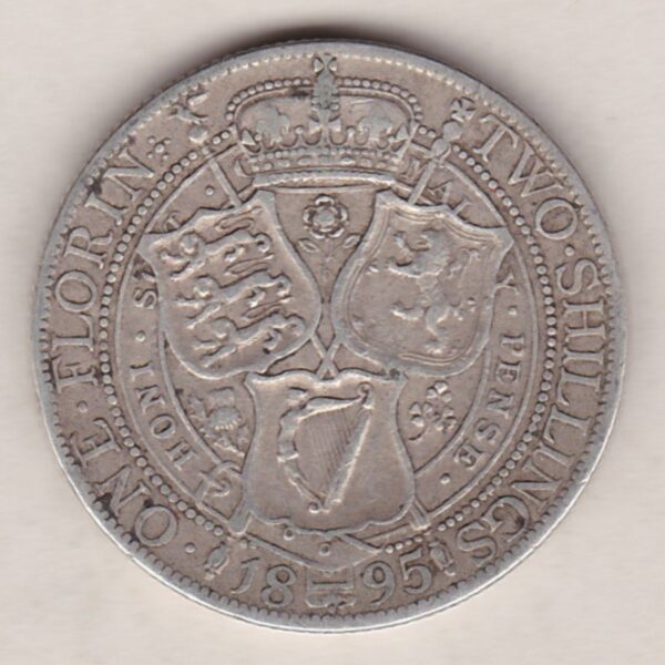 1895 Silver Florin coin. The portrait of Queen Victoria on the Obverse. With a crown above shields of England, Scotland and Ireland on the reverse.