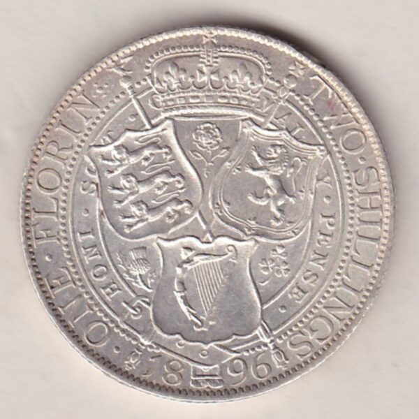 1896 Silver Florin coin. The portrait of Queen Victoria on the Obverse. With a crown above shields of England, Scotland and Ireland on the reverse.