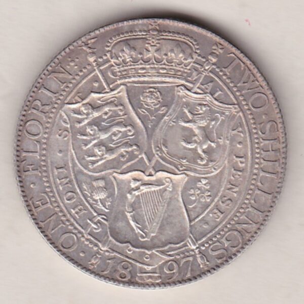 1897 Silver Florin coin. The portrait of Queen Victoria on the Obverse. With a crown above shields of England, Scotland and Ireland on the reverse.