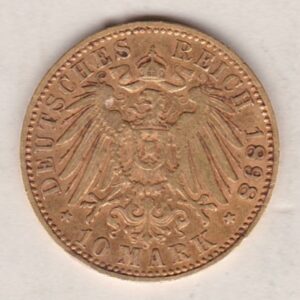 1898 A Germany Gold Ten Mark coin featuring the bust of Wilhelm II on the obverse. The crowned imperial eagle on the reverse.