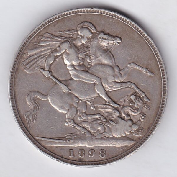 1898 LXII silver crown Silver Crown Coin featuring Queen Victoria old head or vailed head on the Obverse and the St George & dragon design on the reverse.