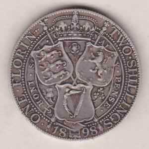 1898 Silver Florin coin. The portrait of Queen Victoria on the Obverse. With a crown above shields of England, Scotland and Ireland on the reverse.