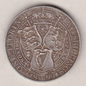 1899 Silver Florin coin. The portrait of Queen Victoria on the Obverse. With a crown above shields of England, Scotland and Ireland on the reverse.